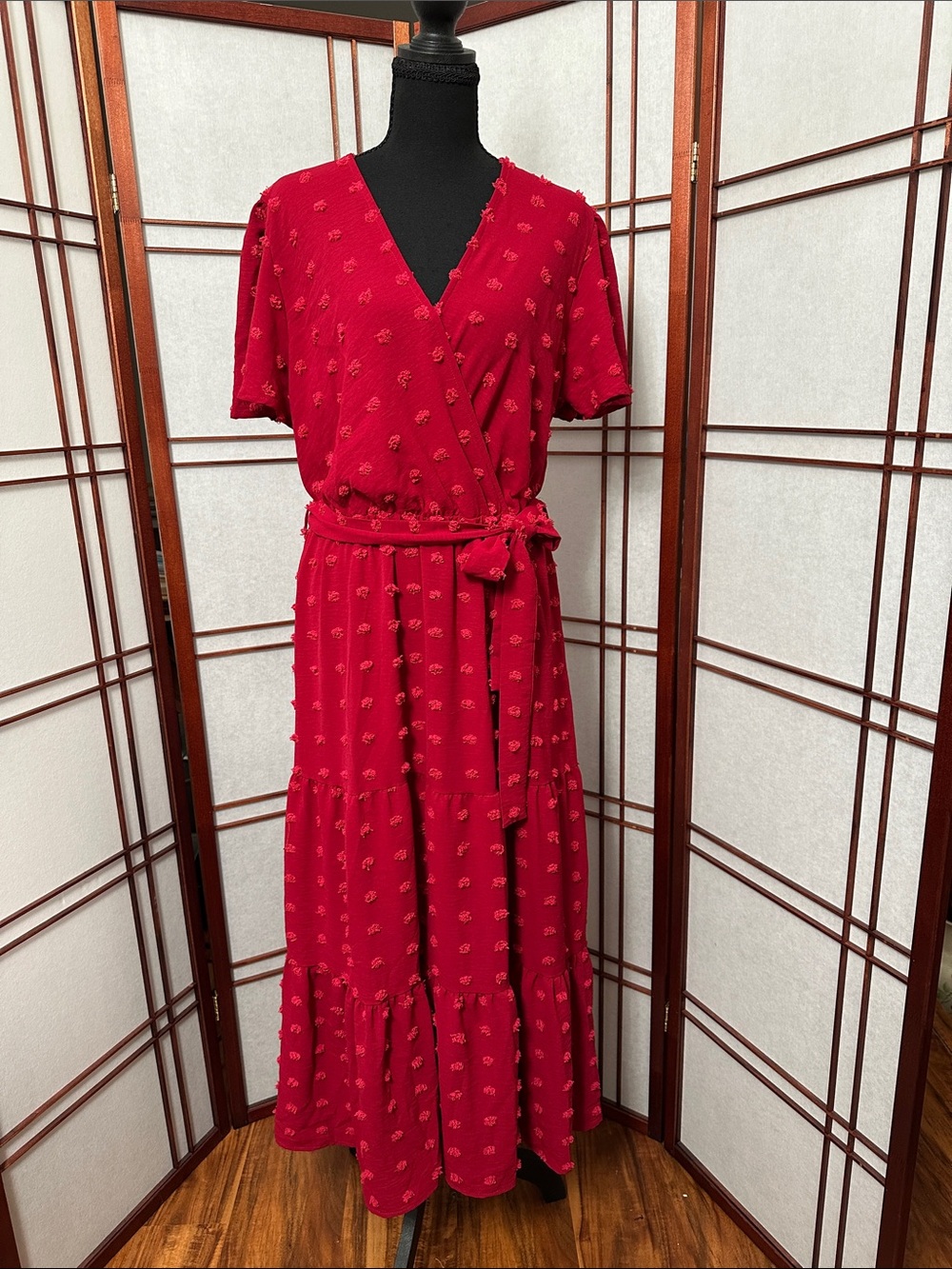 Red Tiered Wrap Maxi Dress with Tie Waist